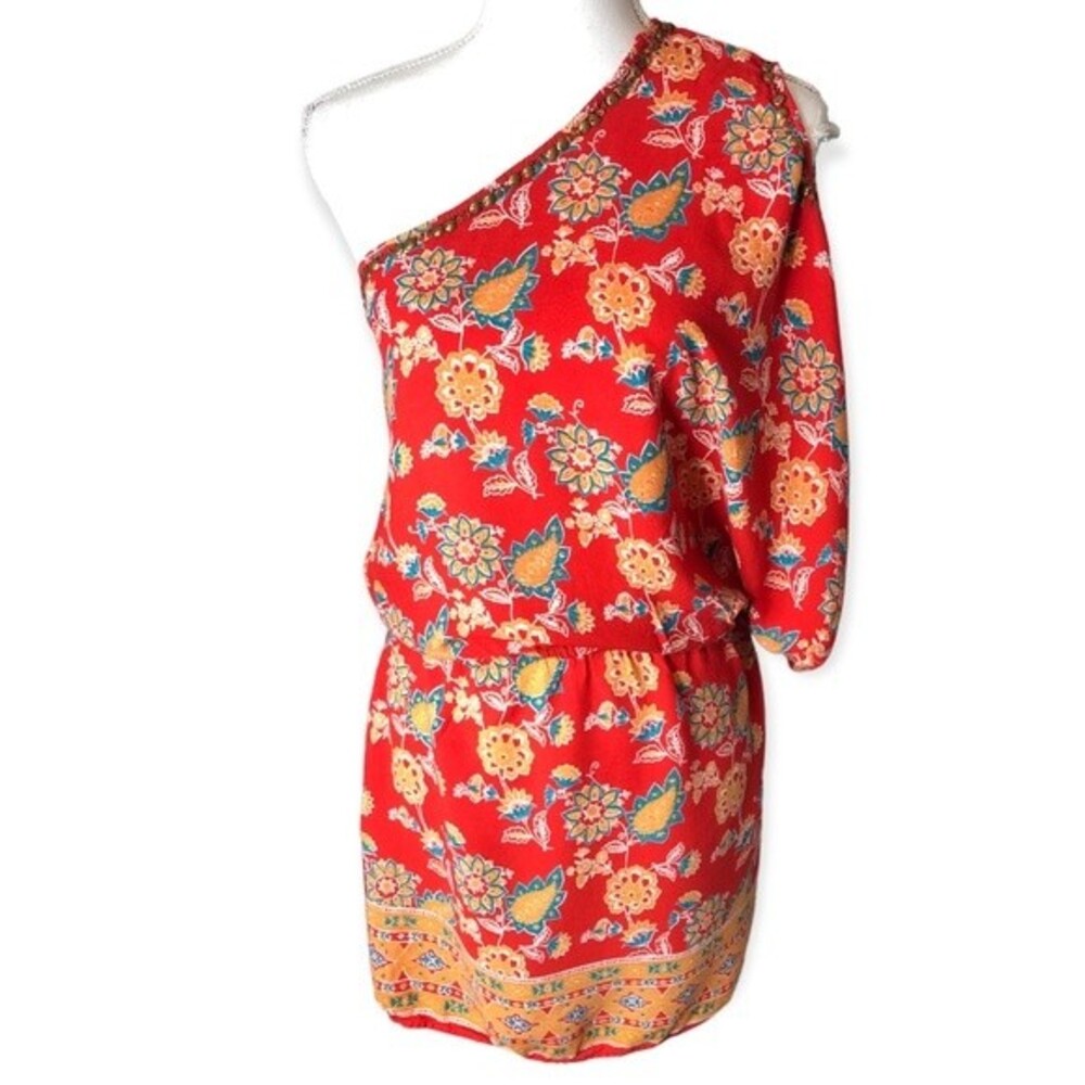 Angie One Shoulder Floral Studded Details Cold Shoulder Mini Dress